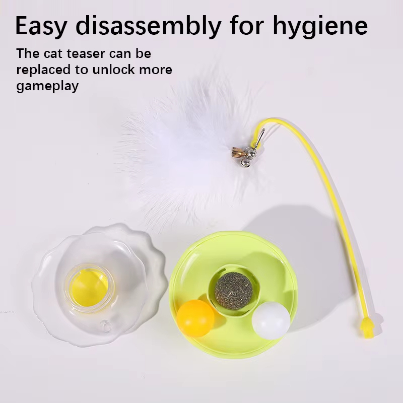 Interactive Tumbler Cat Toy Bite-Resistant Turntable with Plush Feathers, White Pink Yellow Color Fun Kitten Play Toy for Indoor Cats