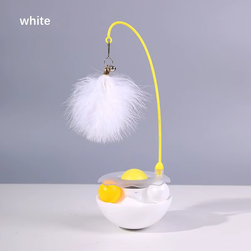 Interactive Tumbler Cat Toy Bite-Resistant Turntable with Plush Feathers, White Pink Yellow Color Fun Kitten Play Toy for Indoor Cats