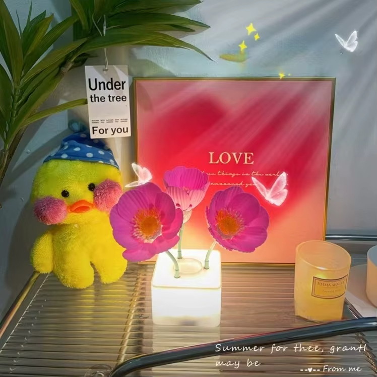 Automatic Blooming Flower Night Light Creative Simulation Flower LED Desk Lamp Automatic Flowering Dynamic Shaking Landscape Light Middle Size Plug-In Bedroom Bedside Decorative Ambient Lamp for Her