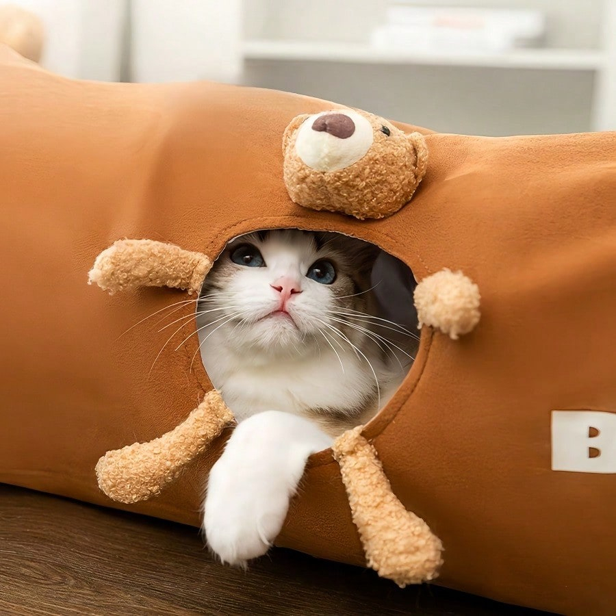 Cartoon Cat Tunnel Foldable Straight Tube Toy for Indoor Cats, Brown Polyester Pet Tunnel for Play & Storage