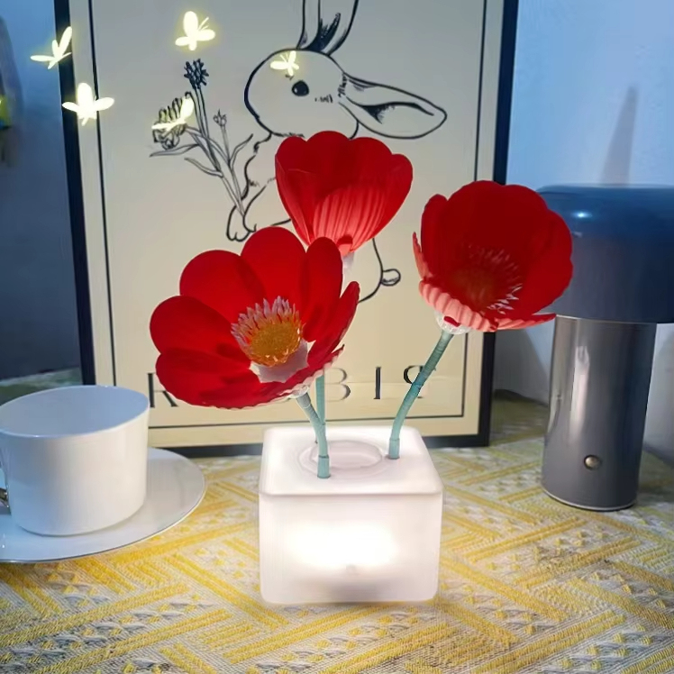 Automatic Blooming Flower Night Light Creative Simulation Flower LED Desk Lamp Automatic Flowering Dynamic Shaking Landscape Light Middle Size Plug-In Bedroom Bedside Decorative Ambient Lamp for Her