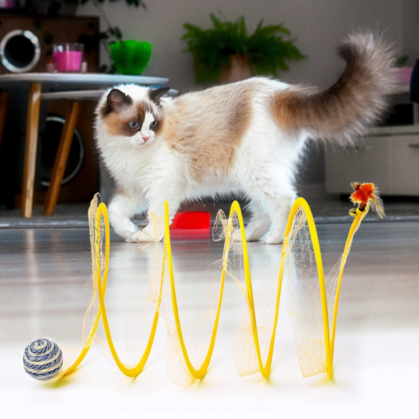 Interactive Cat Tunnel Toy with Feather Teaser – 2-in-1 Cat Tunnel & Wand for Indoor Play, Exercise & Boredom Relief – Lightweight 120g, Steel Wire Structure