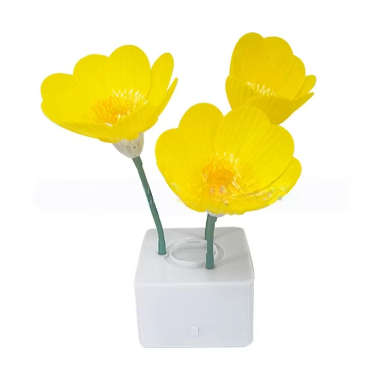 Automatic Blooming Flower Night Light Creative Simulation Flower LED Desk Lamp Automatic Flowering Dynamic Shaking Landscape Light Middle Size Plug-In Bedroom Bedside Decorative Ambient Lamp for Her