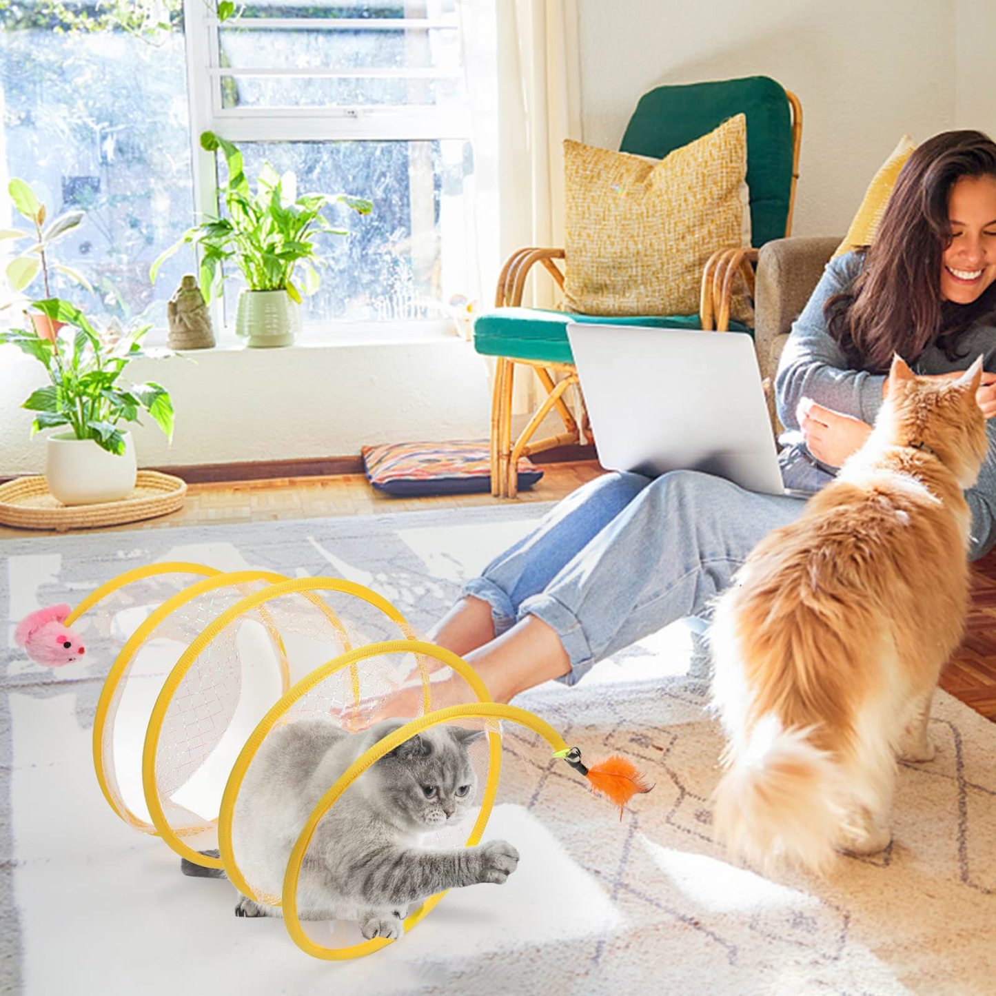Interactive Cat Tunnel Toy with Feather Teaser – 2-in-1 Cat Tunnel & Wand for Indoor Play, Exercise & Boredom Relief – Lightweight 120g, Steel Wire Structure