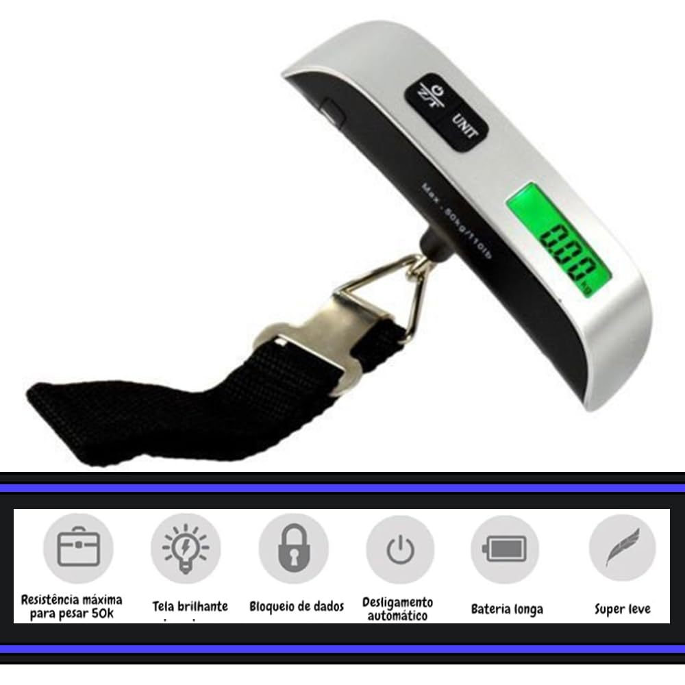 Portable Digital Hand Scale – Weighs Luggage, Fishing Gear & Bags Up to 50kg / 110lb with Hook, LCD Display & Tare Function
