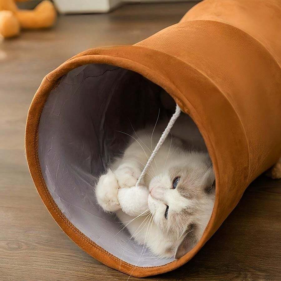 Cartoon Cat Tunnel Foldable Straight Tube Toy for Indoor Cats, Brown Polyester Pet Tunnel for Play & Storage