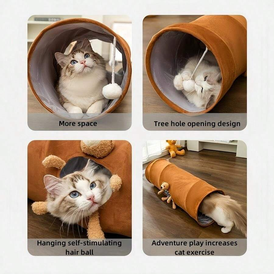 Cartoon Cat Tunnel Foldable Straight Tube Toy for Indoor Cats, Brown Polyester Pet Tunnel for Play & Storage