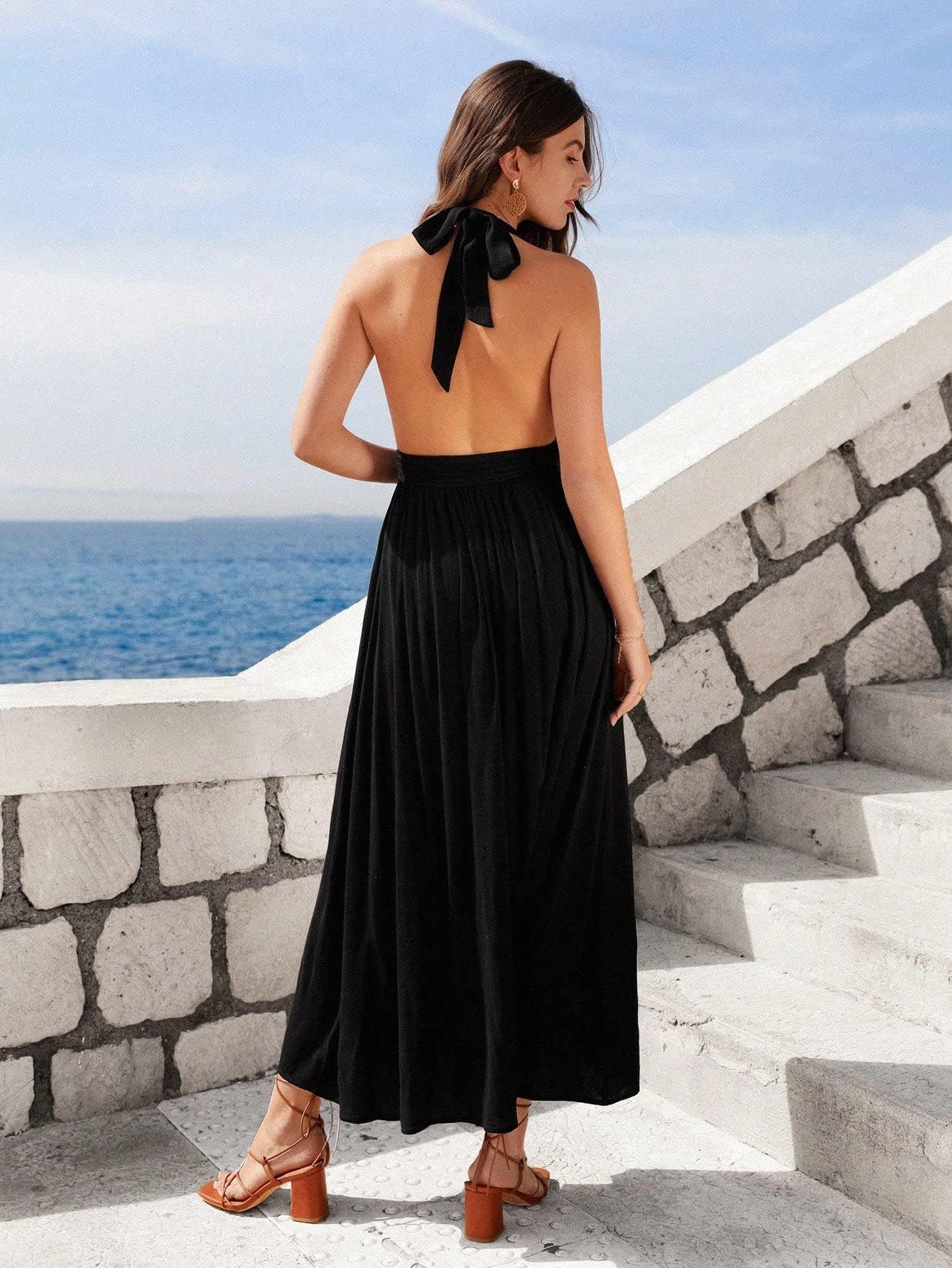 Burning Man Plunging V-Neck Backless Maxi Dress Festival A-Line Split Thigh Gown for Desert Goddess Look, Flowy Chiffon Long Dress