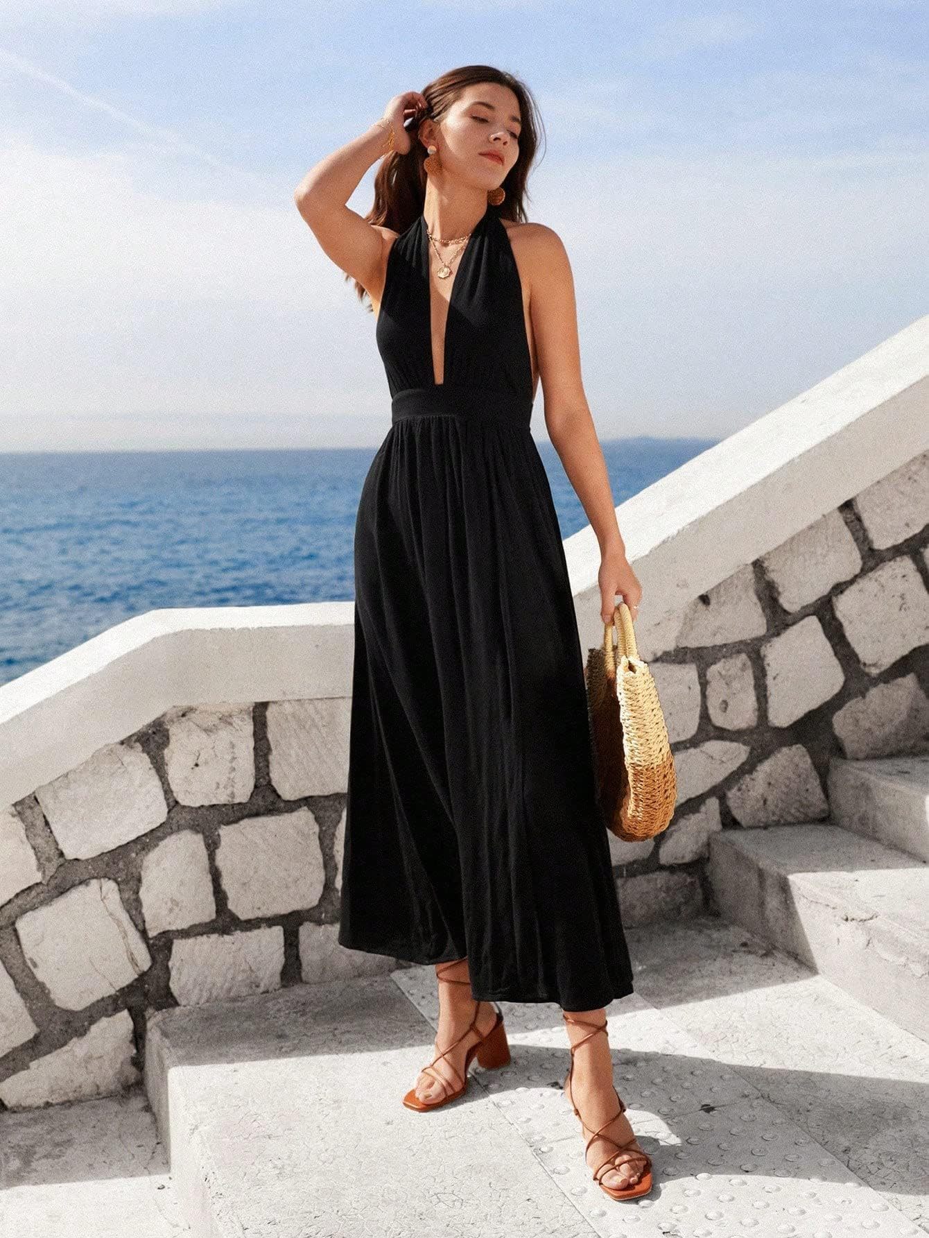 Burning Man Plunging V-Neck Backless Maxi Dress Festival A-Line Split Thigh Gown for Desert Goddess Look, Flowy Chiffon Long Dress