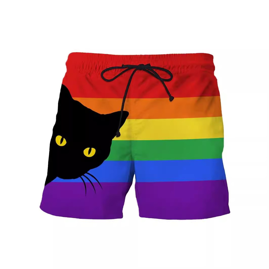 2025 Summer Men's Cat Rainbow Print Beach Shorts Sizes S-6XL 3D Digital Colorful Swim Trunks for LGBTQ+ & Gay Pride