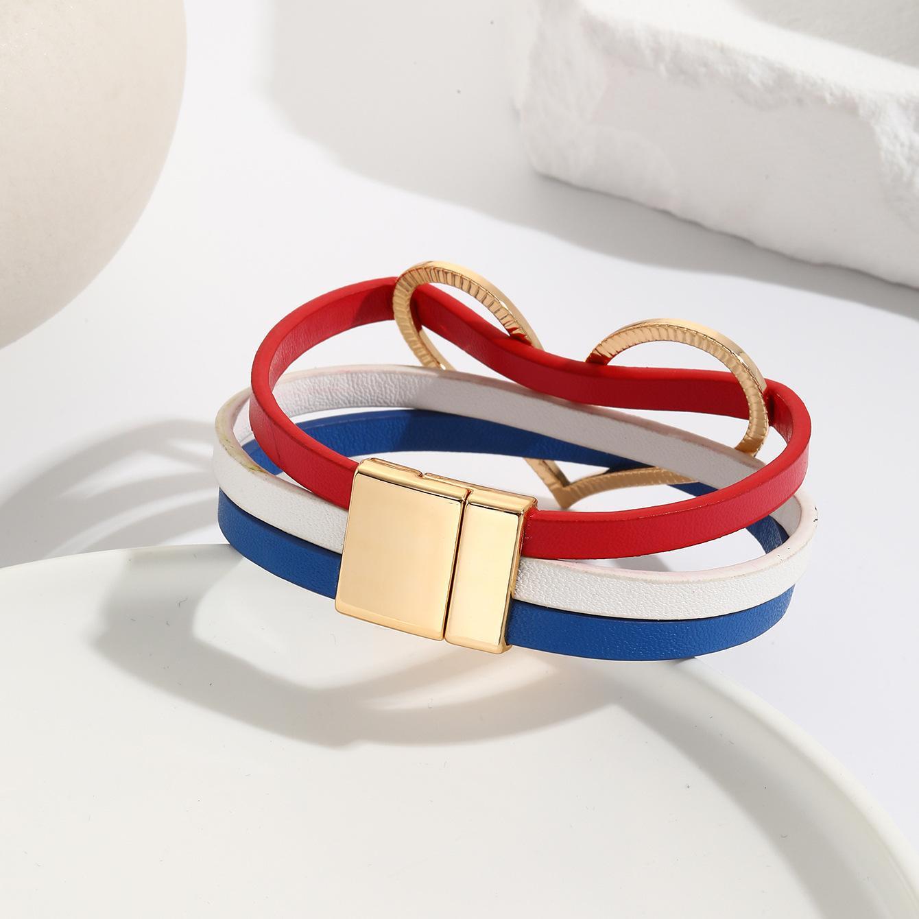 4th of July American Flag Bracelet PU Leather Magnetic Cuff with Heart Charm