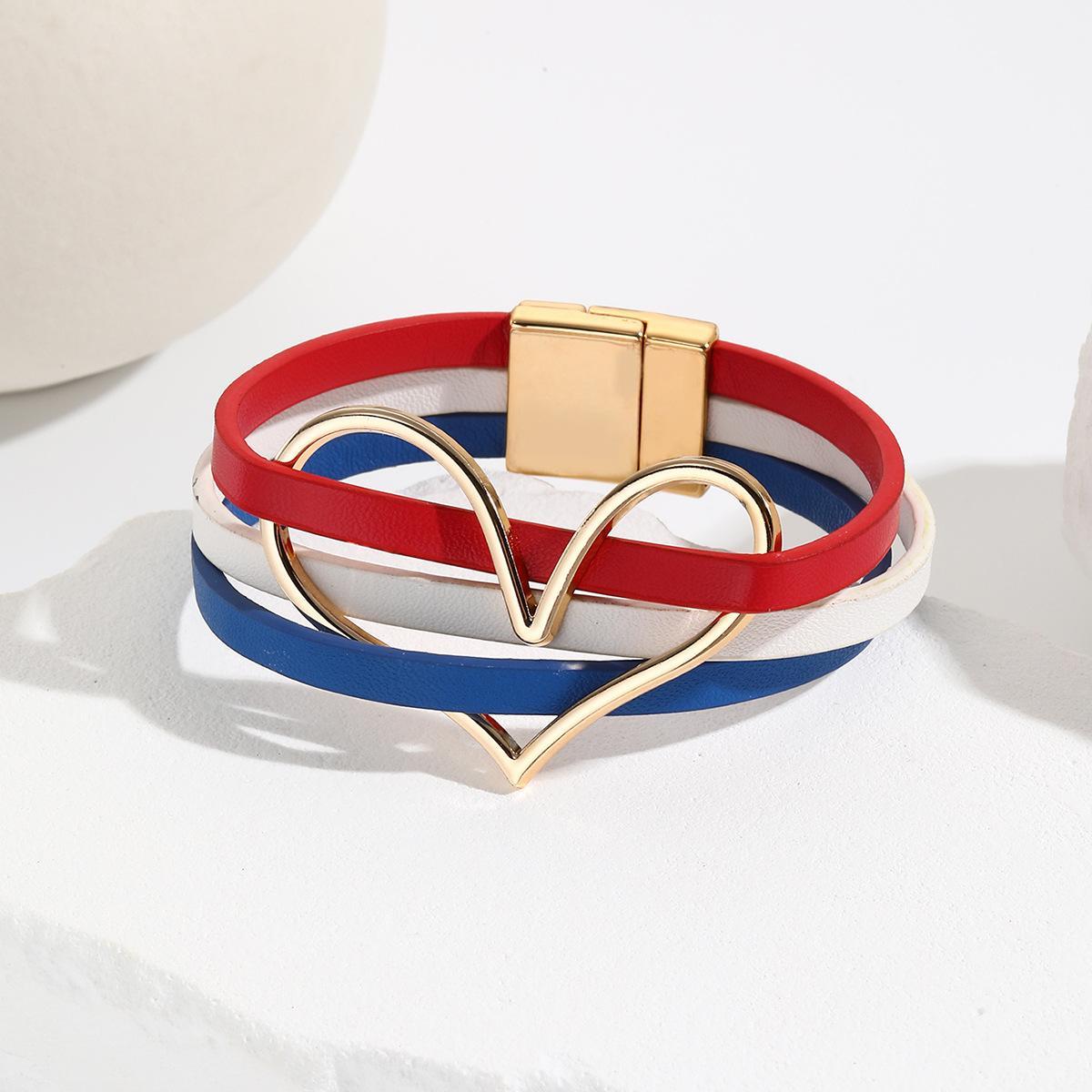 4th of July American Flag Bracelet PU Leather Magnetic Cuff with Heart Charm