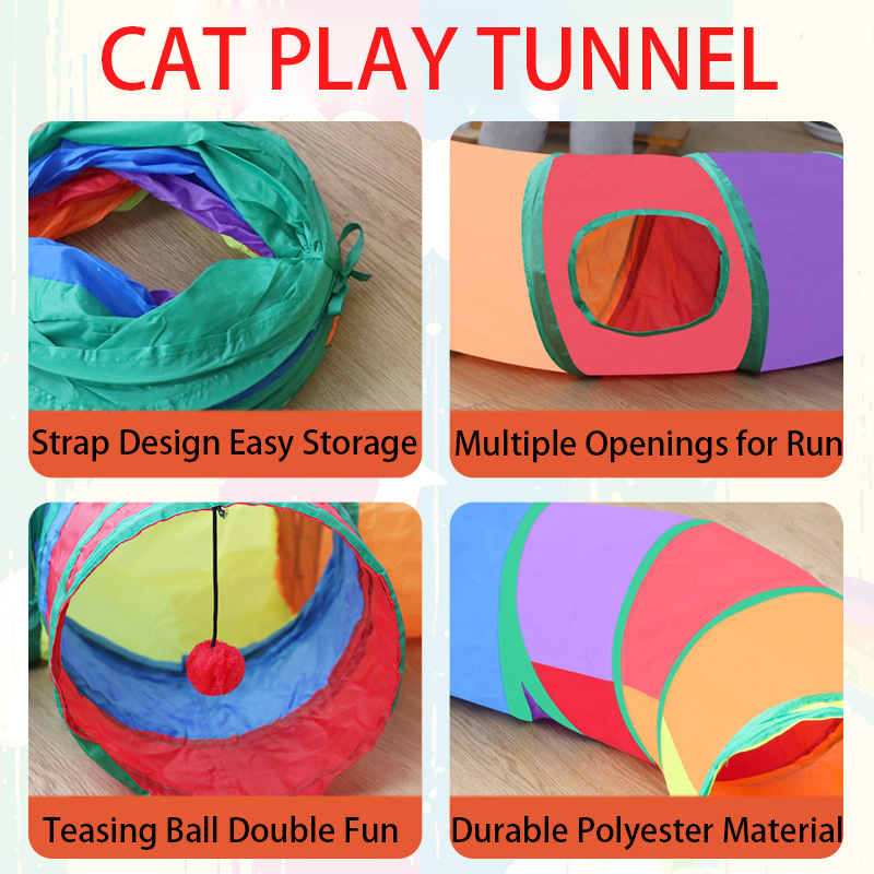 Rainbow Cat Tunnel Toy for Indoor Running Fun for Cats Foldable Play Tube with Peek Hole & Hanging Ball for Kittens, Puppies, and Rabbits