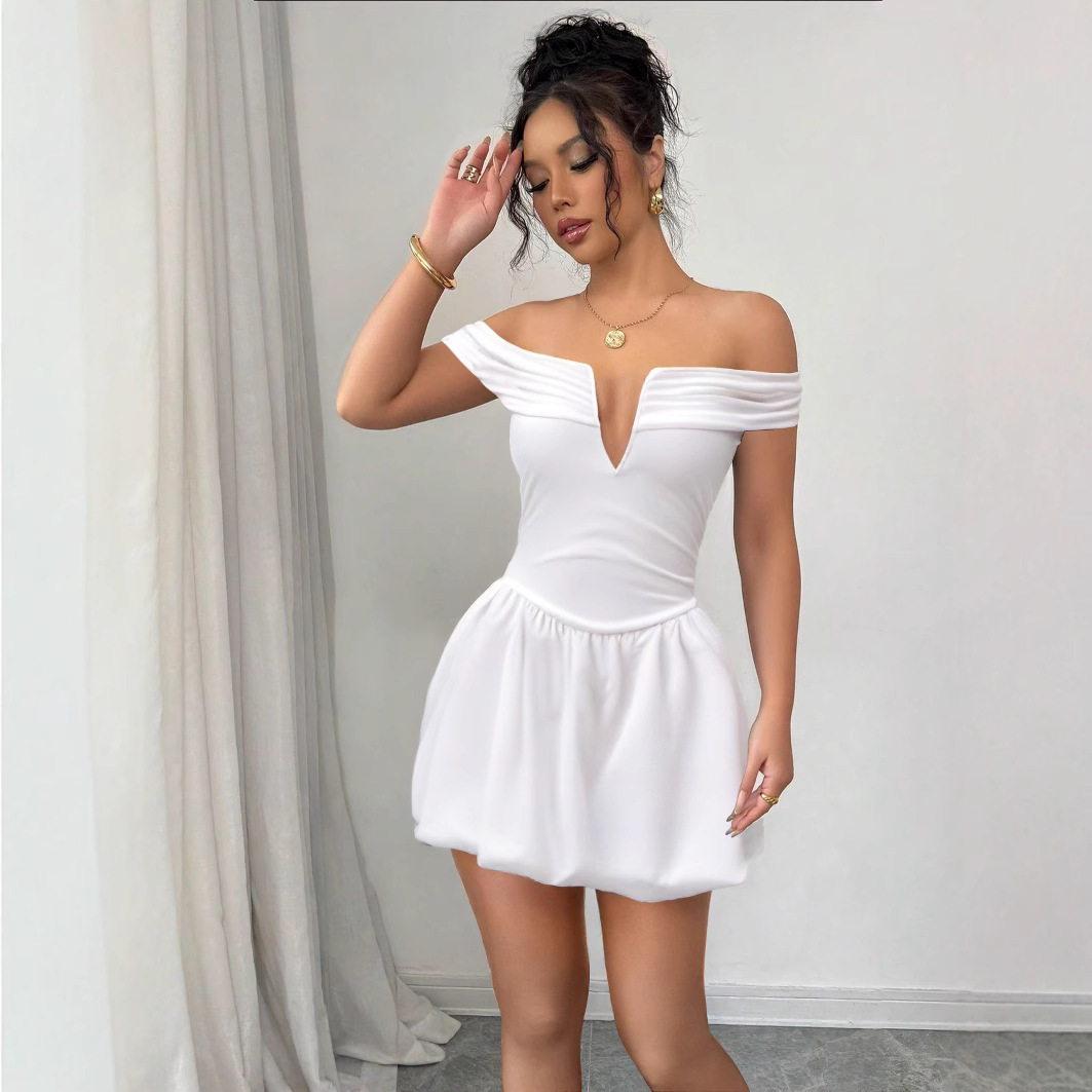 2025 Summer Off-Shoulder Ruched Mini Dress for Women Elegant Backless Puff Skirt with Raglan Sleeves, Sexy Slim Fit Clubwear