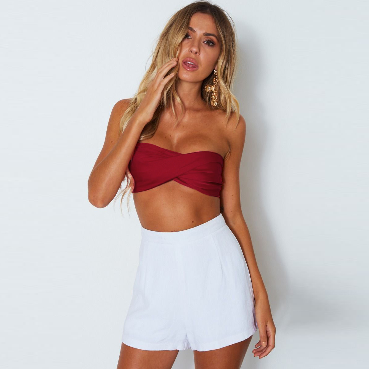 2025 Summer Sexy Strapless Bandeau Crop Top for Women French Vintage Style, Tie-Front, One Size, High Stretch Polyester