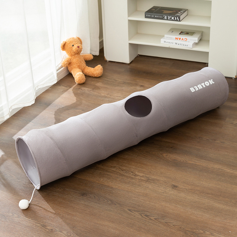 Cartoon Cat Tunnel Foldable Straight Tube Play Toy for Indoor Cats, Grey Polyester Pet Tunnel for Play & Storage Gift For Pet Lovers