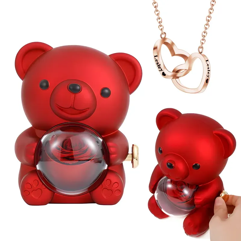 Personalised Double Heart Engraved Name Necklace with Rose Bear Giftbox Gift For Her
