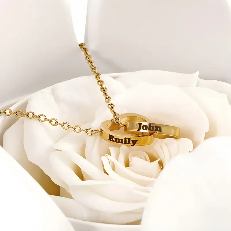 Personalised Double Heart Engraved Name Necklace with Rose Bear Giftbox Gift For Her