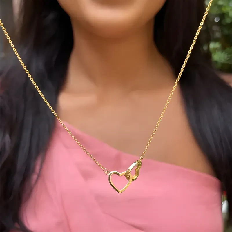 Personalised Double Heart Engraved Name Necklace with Rose Bear Giftbox Gift For Her