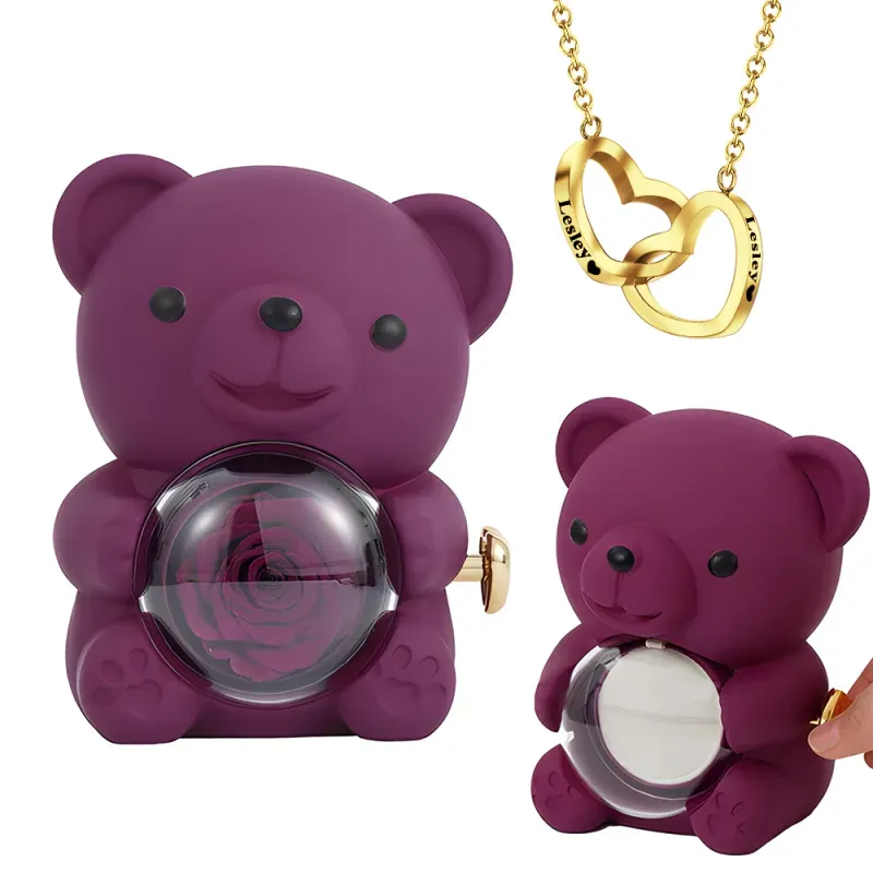 Personalised Double Heart Engraved Name Necklace with Rose Bear Giftbox Gift For Her