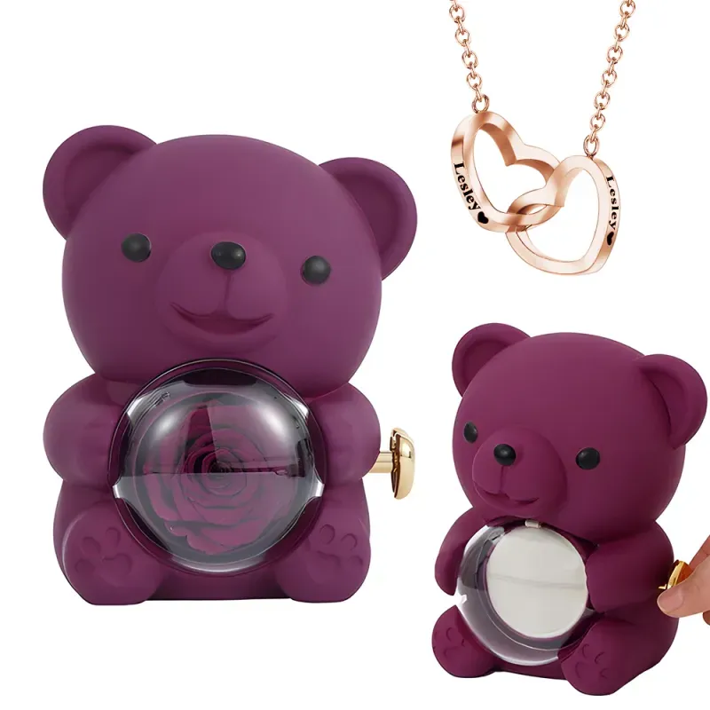 Personalised Double Heart Engraved Name Necklace with Rose Bear Giftbox Gift For Her