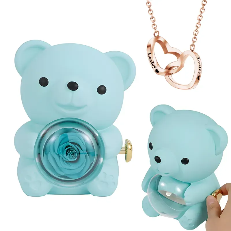 Personalised Double Heart Engraved Name Necklace with Rose Bear Giftbox Gift For Her