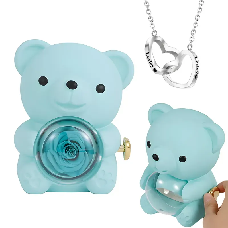Personalised Double Heart Engraved Name Necklace with Rose Bear Giftbox Gift For Her