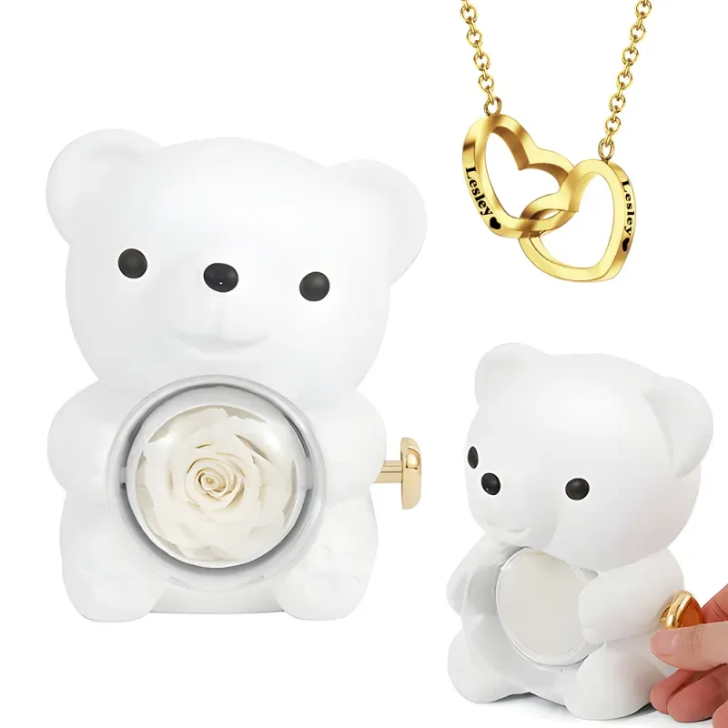 Personalised Double Heart Engraved Name Necklace with Rose Bear Giftbox Gift For Her