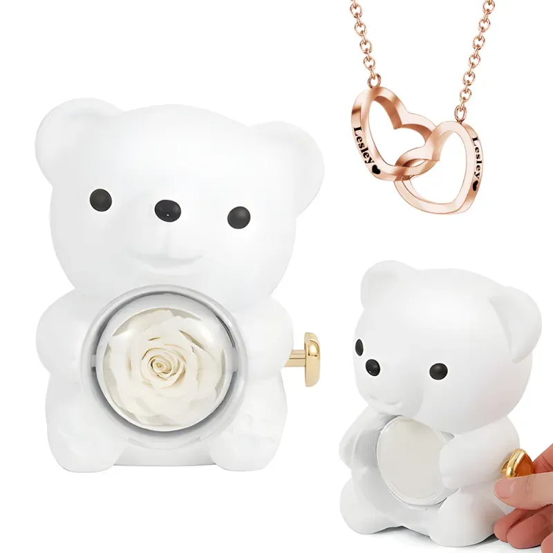 Personalised Double Heart Engraved Name Necklace with Rose Bear Giftbox Gift For Her