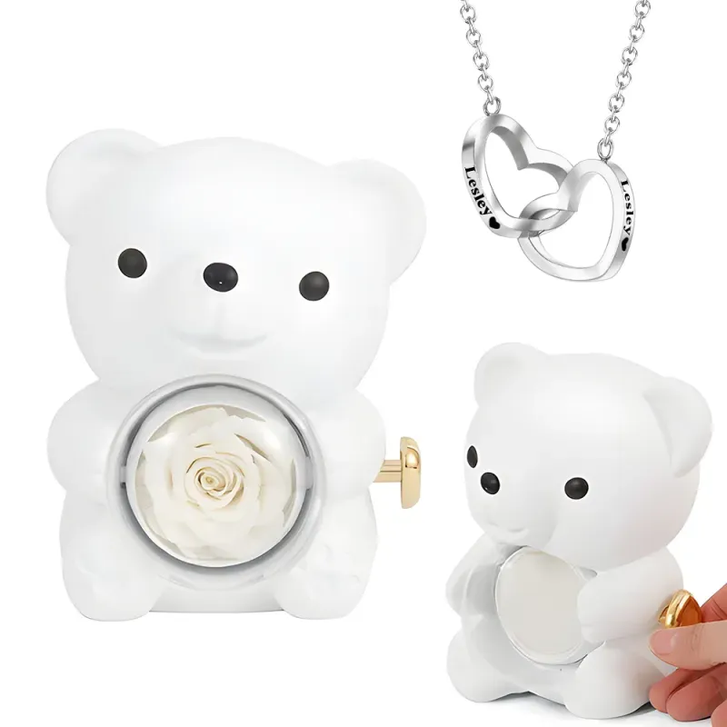 Personalised Double Heart Engraved Name Necklace with Rose Bear Giftbox Gift For Her