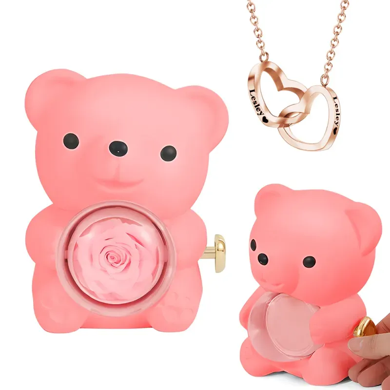 Personalised Double Heart Engraved Name Necklace with Rose Bear Giftbox Gift For Her