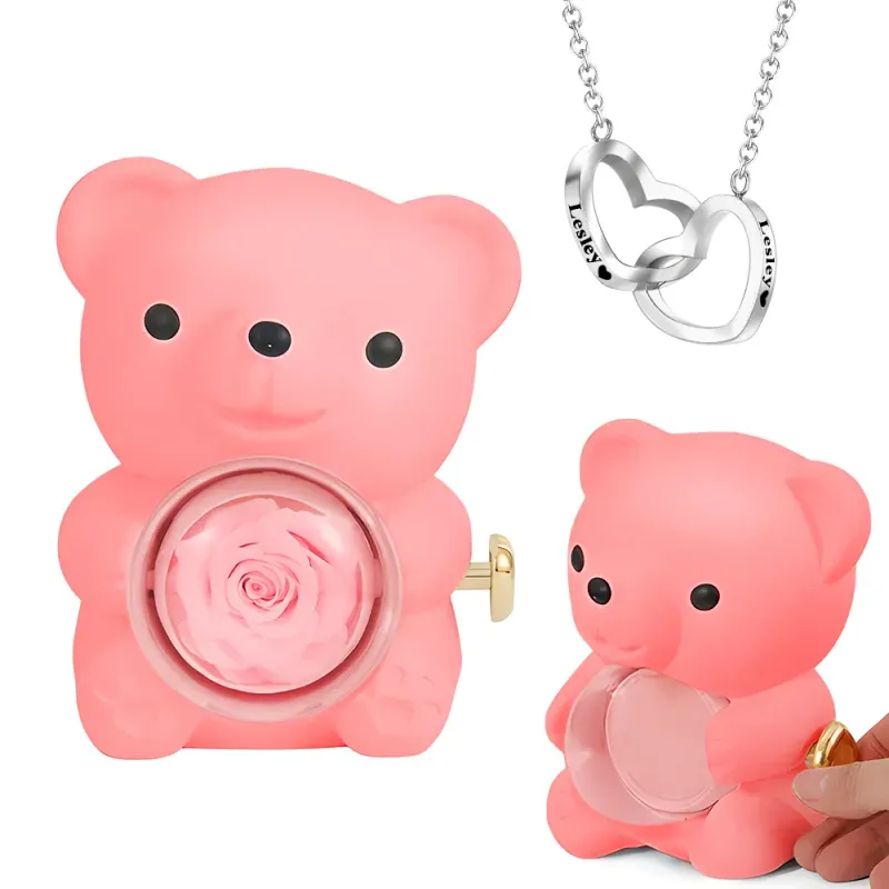 Personalised Double Heart Engraved Name Necklace with Rose Bear Giftbox Gift For Her