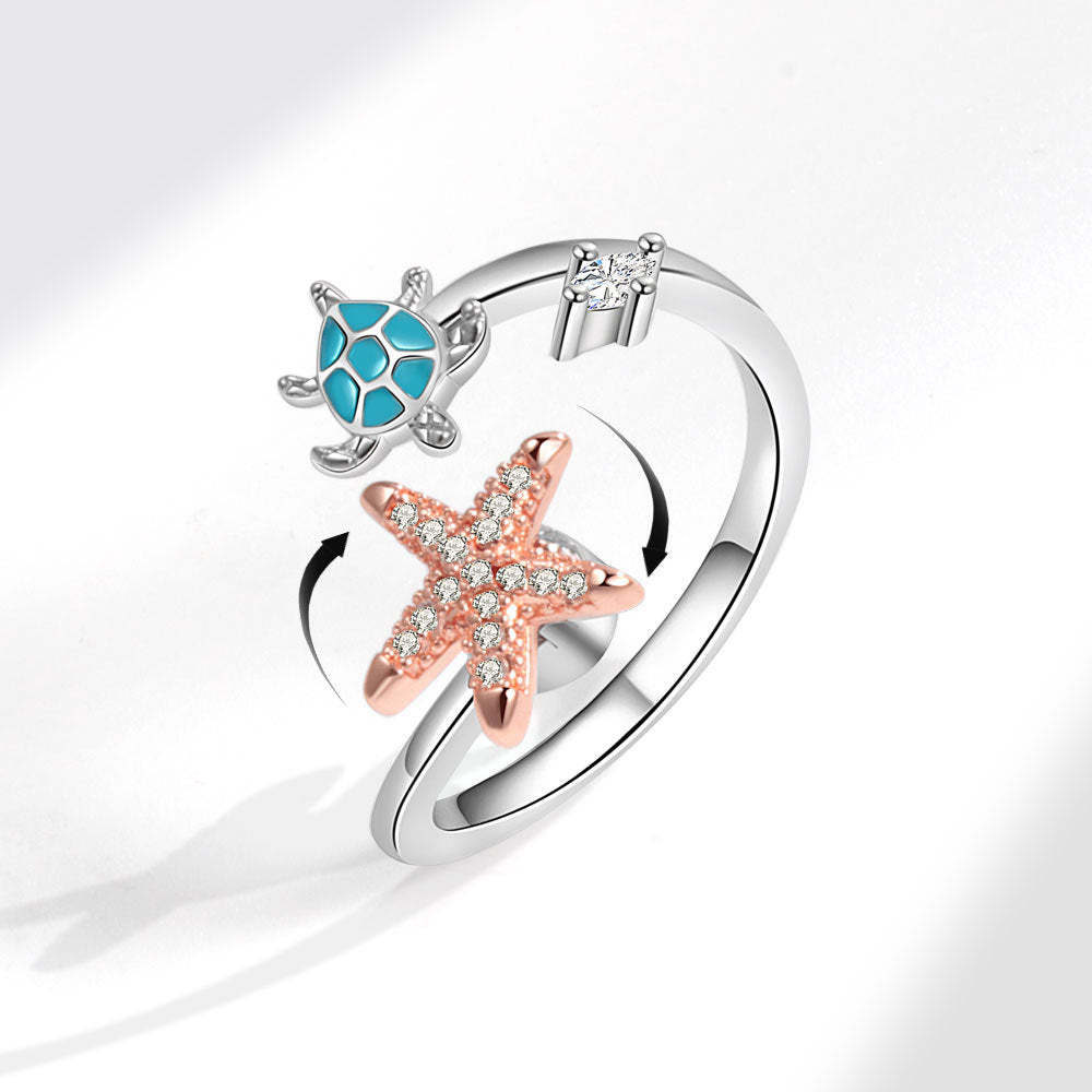 Fidget Anti-anxiety Ring Sea Turtle and Starfish Open Adjustable Spinner Ring Jewelry Gifts for Her - soufeelus