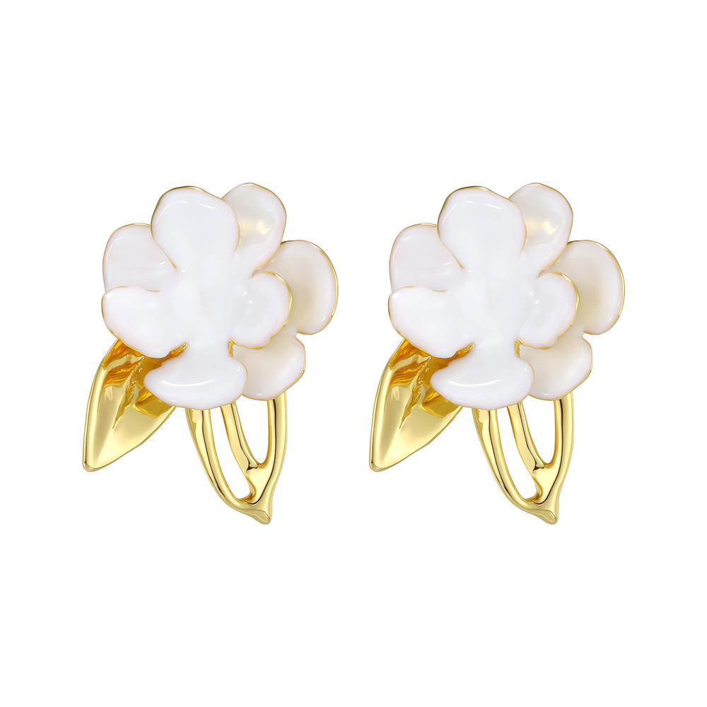 Camellia Collection Flower With Leaf Studs Earrings White Enamel