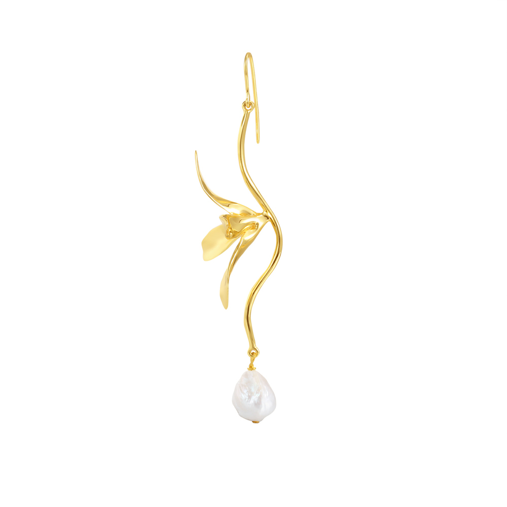 Orchids Collection Single Pearl Drop Earring With Four Petals