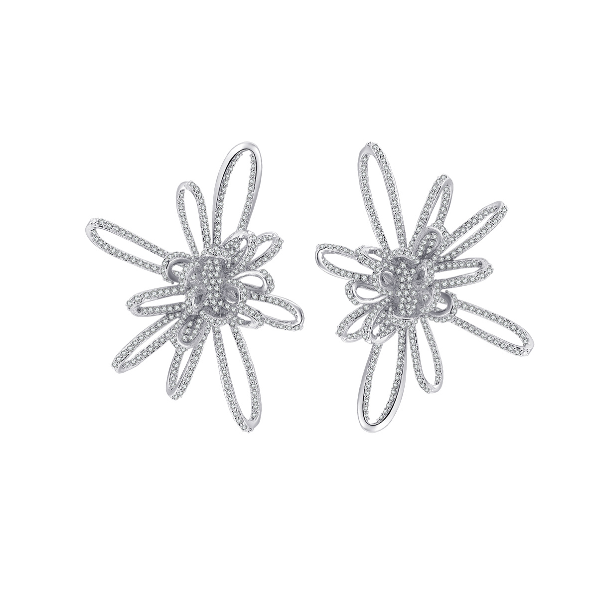 Chrysanthemum Linear Silver Diamond Earrings