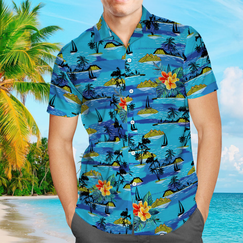 Men's Hawaiian Shirt Ocean Blue Shirt with Coconut Tree and Yellow Flower Pattern Aloha Beach Short-Sleeved Shirt From Size S to 5XL Tropical Shirt For Him