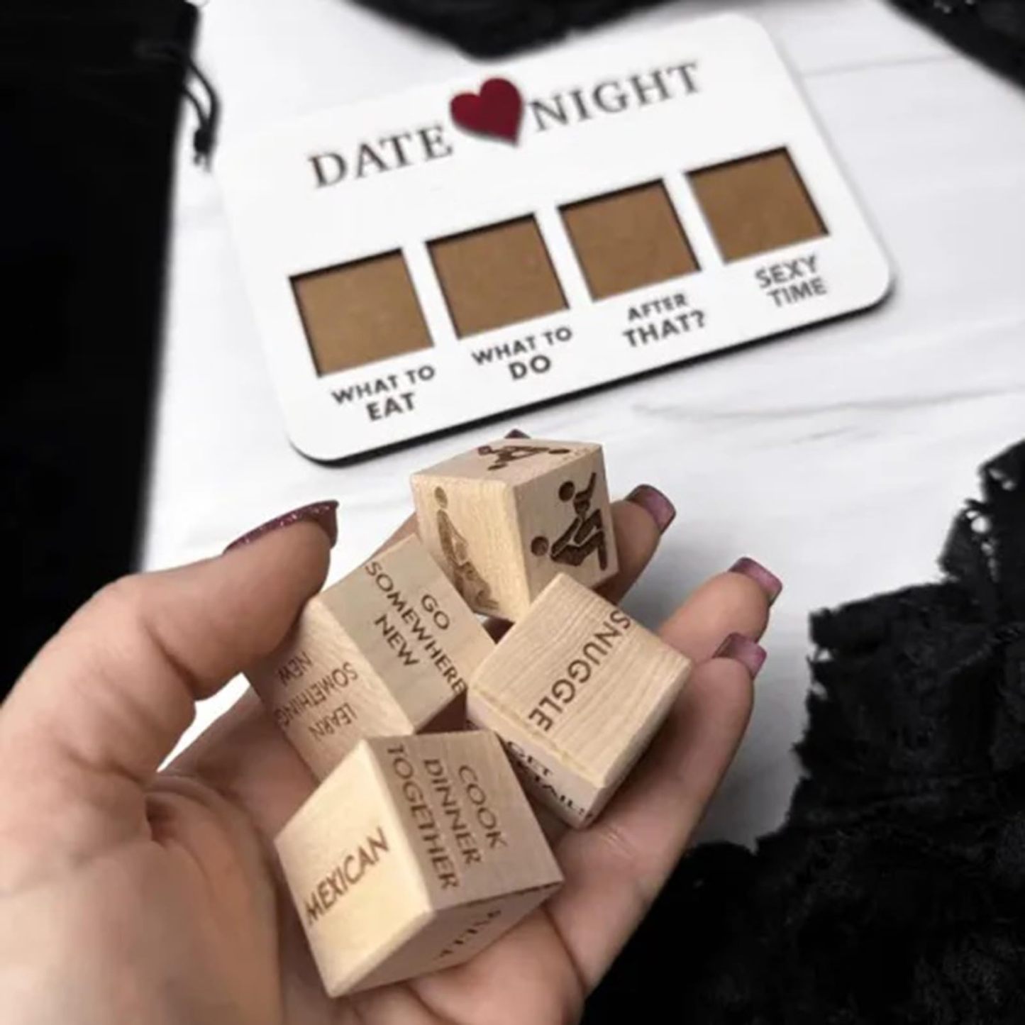 Romantic Couple Dice Game Wooden Date Night Game with Unique Cards, Perfect for Anniversaries & Special Occasions
