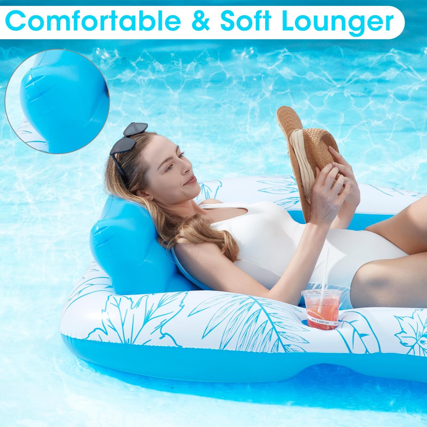 Inflatable Pool Float for Adults Large Beach Float for Sunbathing, Lounge Chair Float with Cup Holder, Floating Air Mattress