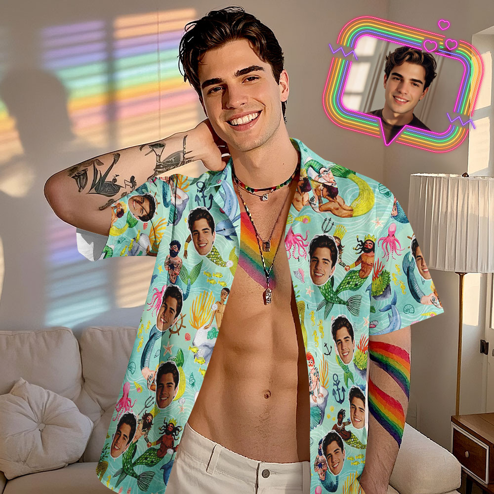 Custom Men's Mermaid Hawaiian Shirt Pride Month From Size S to 5XL with Comfortable Butterfly Mesh Fabric Material For LGBTQ