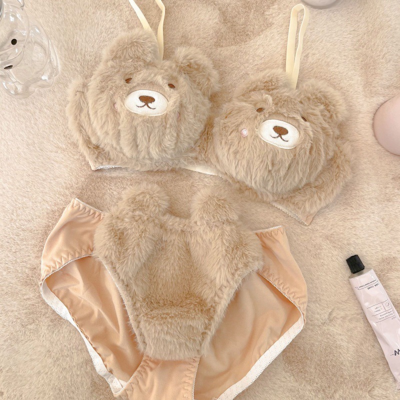 Plushy Bear Winter Lingerie Set – No-Wire Cozy Fleece Bra & Panty, Sweet Japanese Style Cute Teddy Design, Sizes M-XL (70ABC–80ABC)