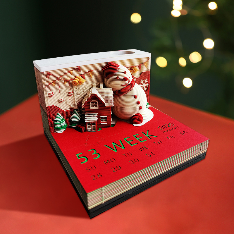 3D Calendar 2025, Notepad Paper Carving Calendar, Desktop Decoration with Light & Dust Cover, Tearable Creative Memo for Office & Home (Christmas Tree House)