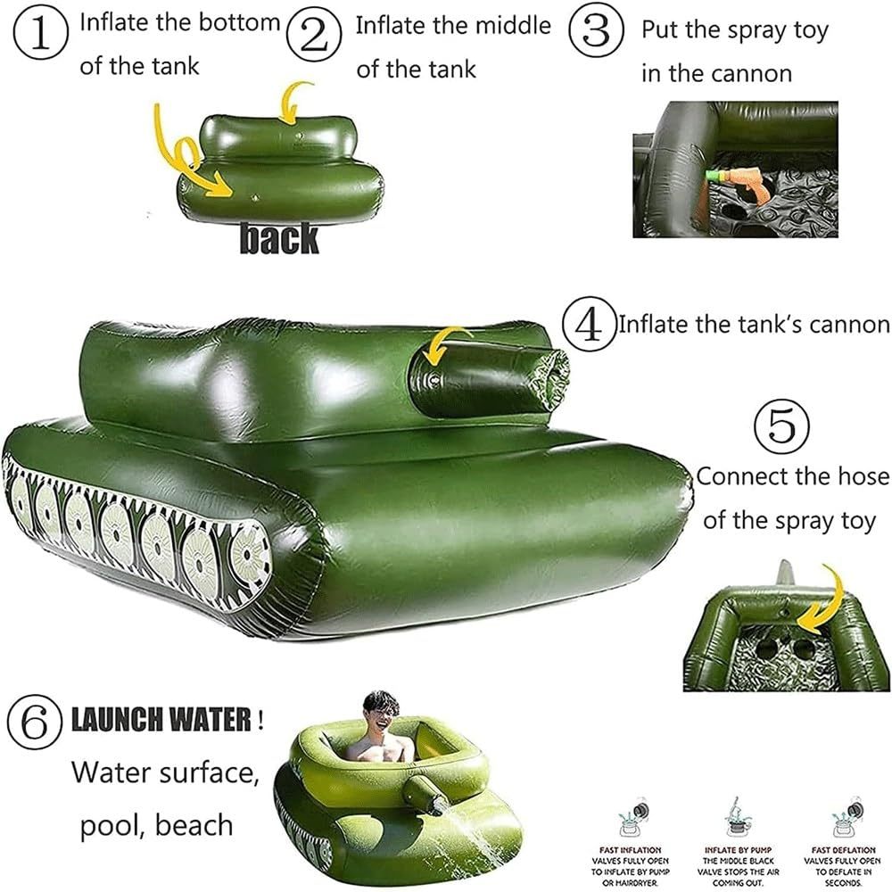 Battle Tank Ride-On Pool Float for Kids – Inflatable Tank Float with Water Squirt Gun, Summer Water Toy for Pool & Beach (Ages 6–12)