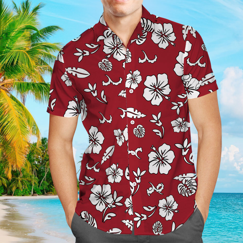 Men's Hawaiian Shirt Darker Red Shirt with White Flowers Pattern Aloha Beach Shirt From Size S to 5XL Short Sleeved Shirt For Him