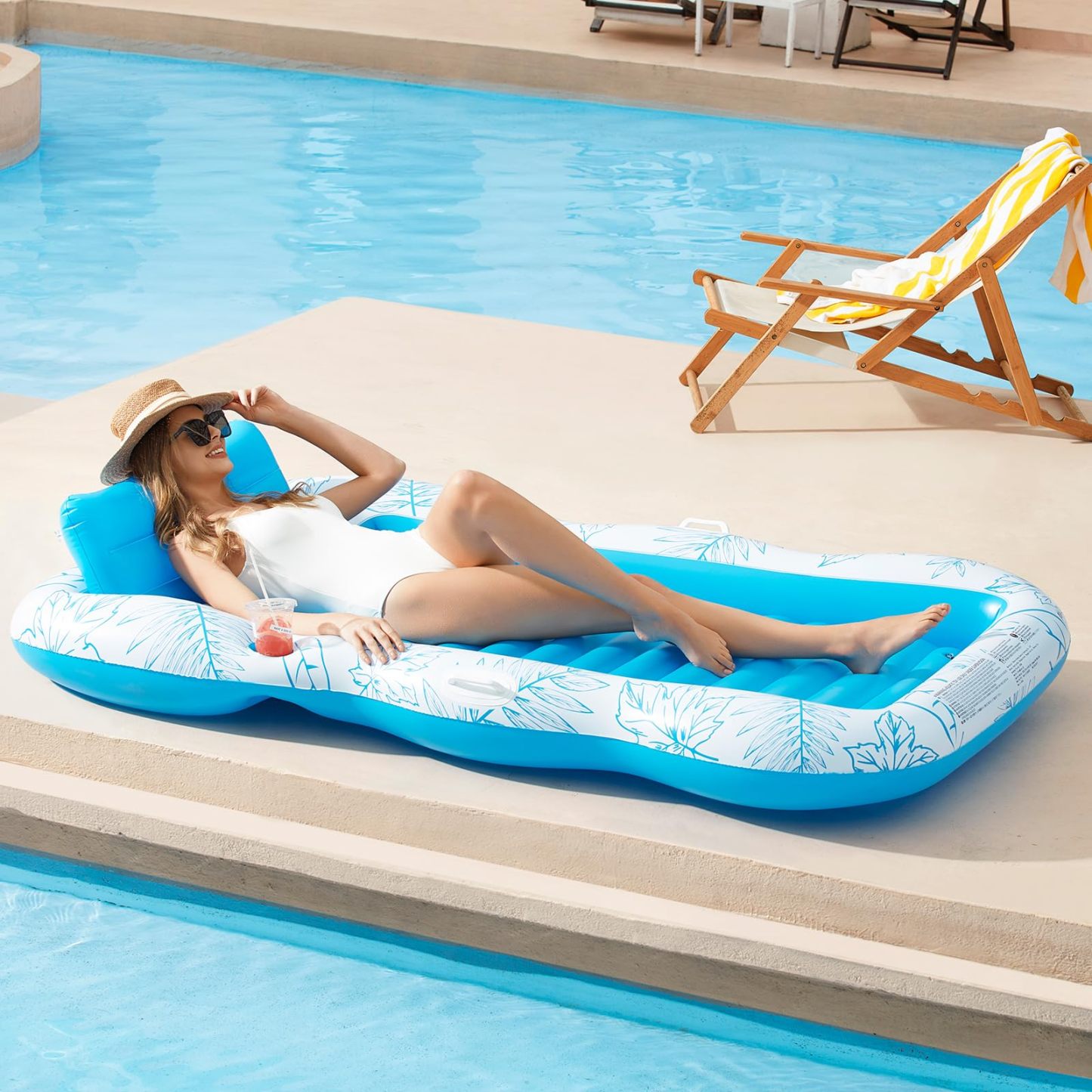 Inflatable Pool Float for Adults Large Beach Float for Sunbathing, Lounge Chair Float with Cup Holder, Floating Air Mattress