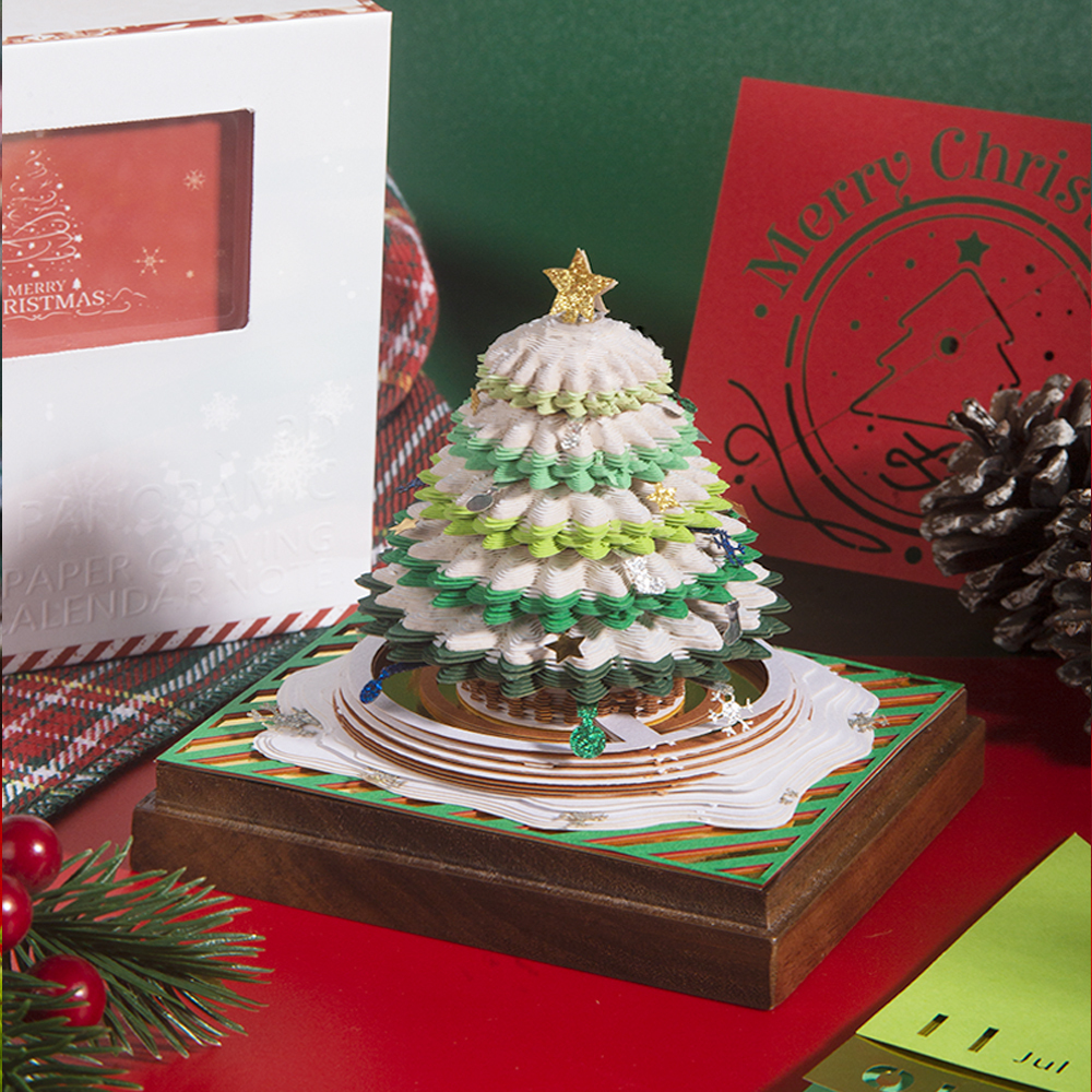 3D Calendar 2025, Notepad Paper Carving Calendar, Desktop Decoration with Light & Dust Cover, Tearable Creative Memo for Office & Home (Christmas Tree House)