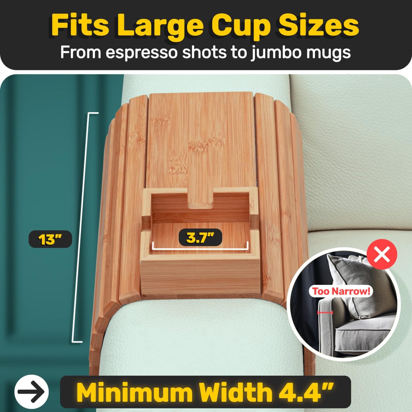 Bamboo Couch Tray with Cup Holder | Sofa Armrest Snack & Drink Holder for Couch, Recliner, Loveseat | Ideal for Small Spaces, Seniors, Apartment Living