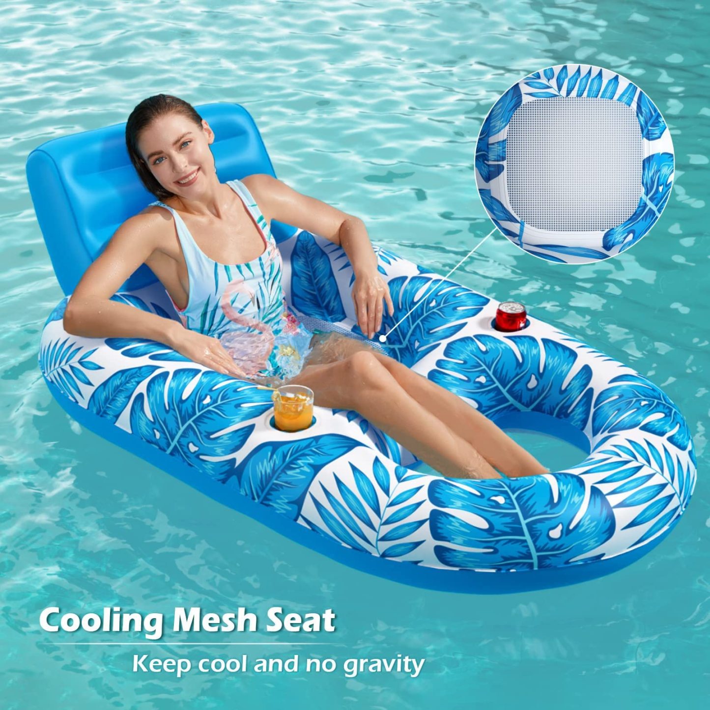 Heavy-Duty Inflatable Pool Chair Float Adult Pool Lounger with Headrest, Comfortable Recliner for Swimming Pool Parties