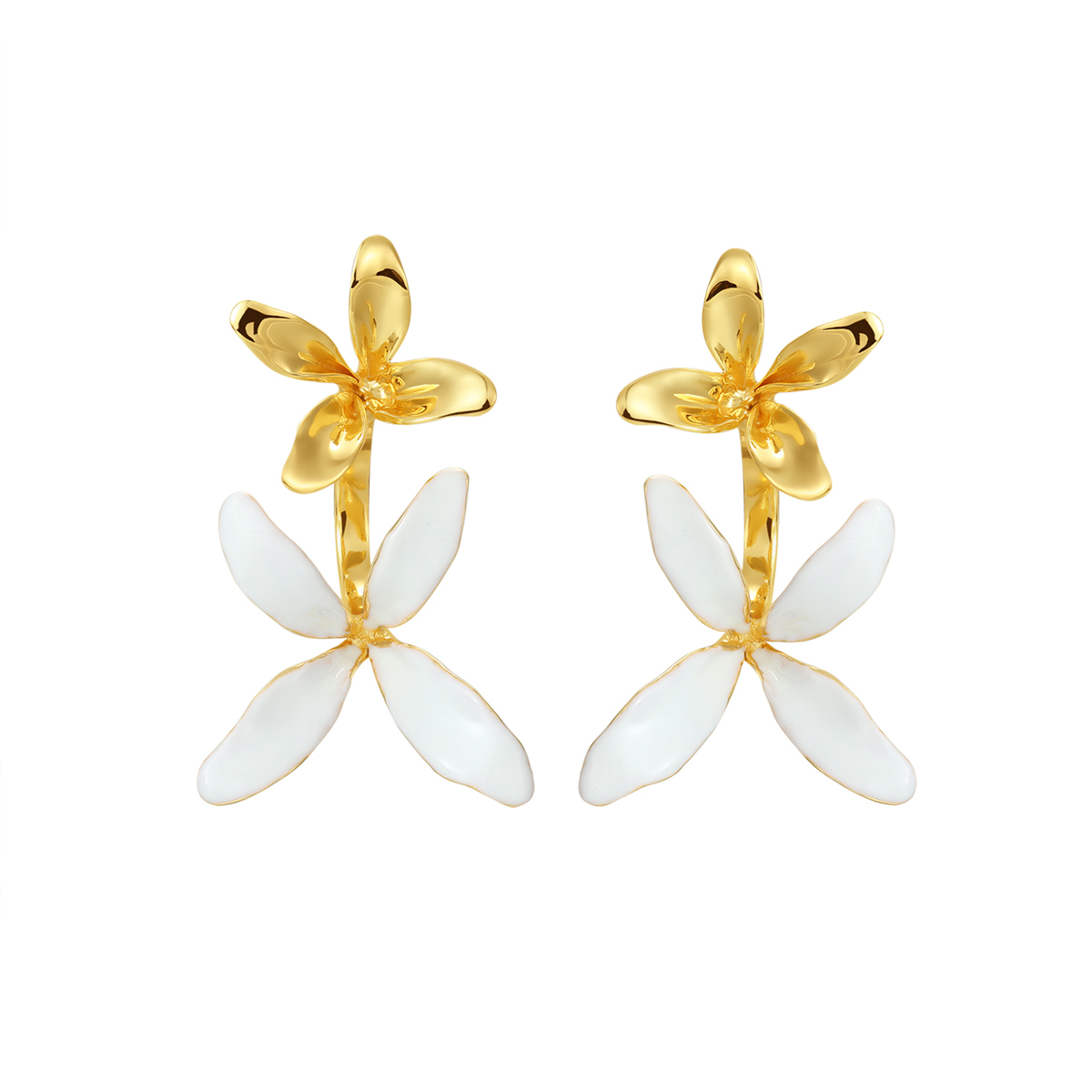 Orchids Collection White And Golden Bifloral Drop Earrings