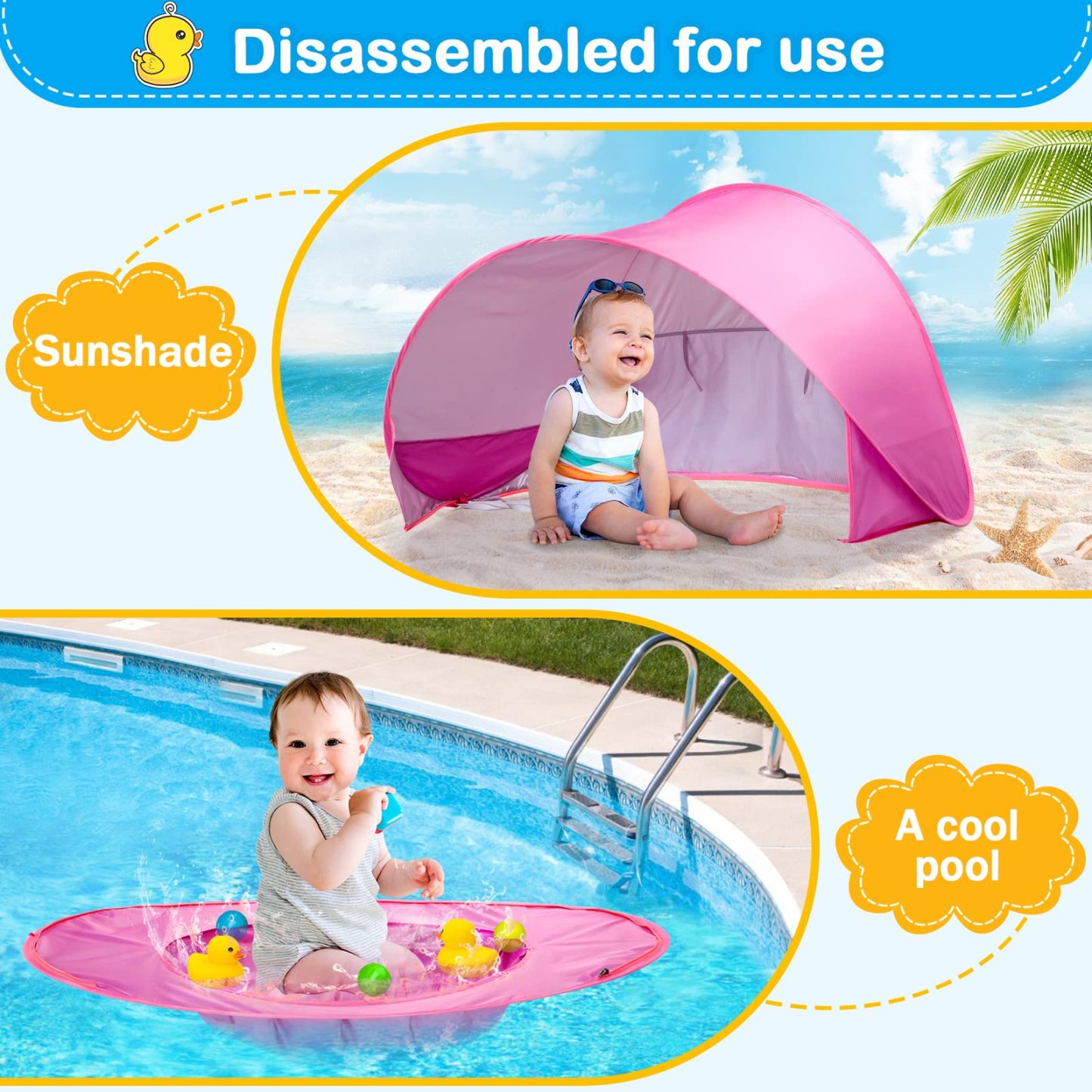 Baby Beach Tent with Mini Pool Pop-Up UV Sun Shelter UPF 50+, Removable Canopy & Carry Bag